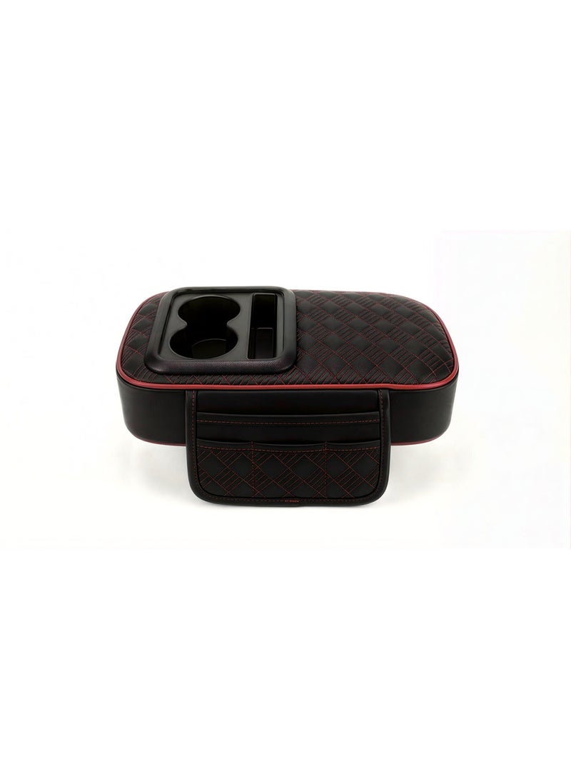 general Leather car armrest with cup holder and small item pockets, padded design, black and red - Image 2